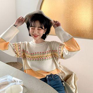 Flower-pattered Color-block Knit Top