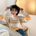 Flower-pattered Color-block Knit Top