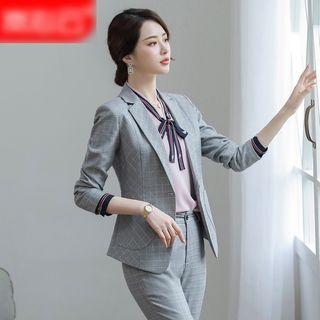 Bow Accent Blouse / Plaid Blazer / Dress Pants / Pencil Skirt / Set