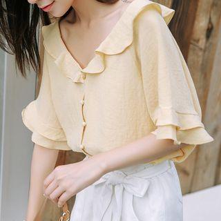 Elbow-sleeve Ruffle-trim Blouse