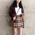 Buttoned Cardigan / Plaid Mini A-line Skirt