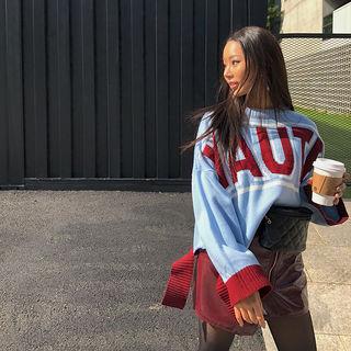 Letter Print Cutout-hem Sweater
