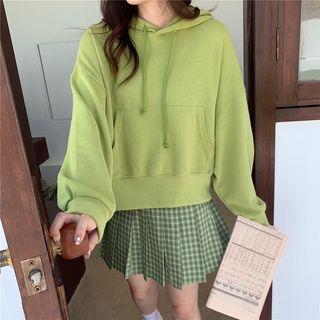 Plain Oversize Hoodie / Plaid Mini Pleated Skirt