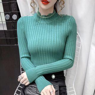 Long Sleeve Lace Trim Ribbed Knit Top