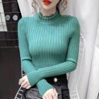 Long Sleeve Lace Trim Ribbed Knit Top