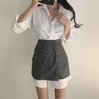 Plain Shirt Dress / Striped A-line Skirt