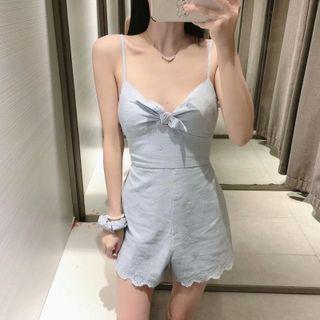 Spaghetti Strap Knotted Embroidered Romper