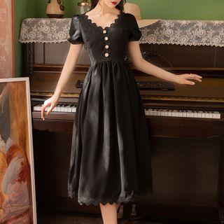 Short-sleeve Scalloped Trim A-line Midi Dress