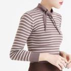 Tie-neck Striped Long-sleeve Knit Top