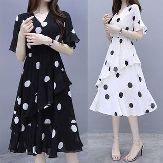 Layered Dotted Short-sleeve Midi A-line Dress