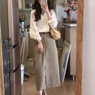 Lace Trim Blouse / Front-slit Midi Pencil Skirt