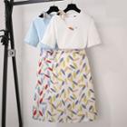 Tie-neck Short-sleeve Printed T-shirt / Pattern Printed Skirt