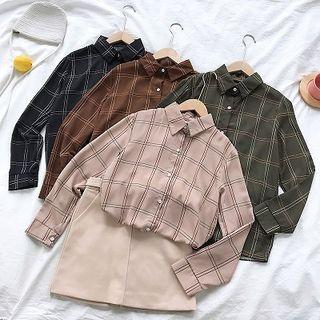 Color-block Plaid Chiffon Long-sleeve Blouse