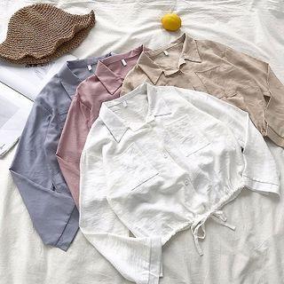 Plain Lace-up Double-pocket Long-sleeve Blouse