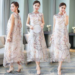 Sleeveless Printed Organza Midi Dress