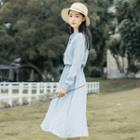 Gathered Waist Long-sleeve A-line Midi Dress