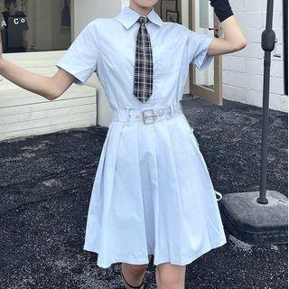 Set: Short-sleeve A-line Shirt Dress + Neck Tie + Belt