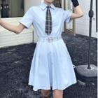 Set: Short-sleeve A-line Shirt Dress + Neck Tie + Belt