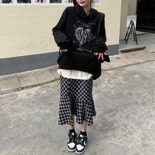Plaid Side Slit Midi Skirt / Printed Hoodie (various Designs)
