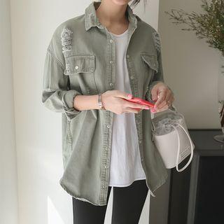 Patched-detail Distressed Parka Khaki - One Size