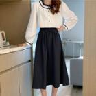 Ruffle Trim Long Sleeve Top / A-line Skirt
