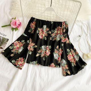 Off-shoulder Flower Print 3/4-sleeve Top