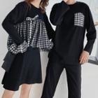 Couple Matching Long-sleeve Gingham Paneled T-shirt / Ruffled Mini Dress