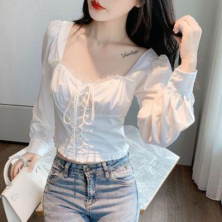 Lace Trim Lace-up Cropped Blouse