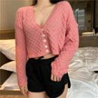 V-neck Cropped Eyelet Knit Cardigan As Shown In Figure - One Size