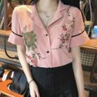 Flower Embroidered Short-sleeve Lapel Collar Shirt