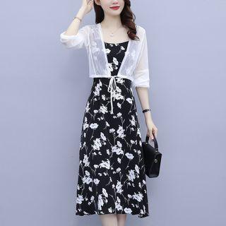 Set: Strappy Floral Print Dress + Light Jacket