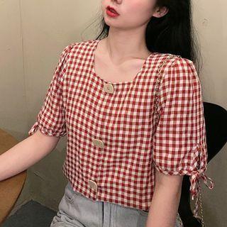 Square-neck Plaid Puff-sleeve Shirt