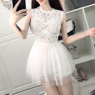 Sleeveless Lace Panel Mini Cocktail Dress