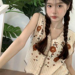 Sleeveless V-neck Embroidered Knit Vest