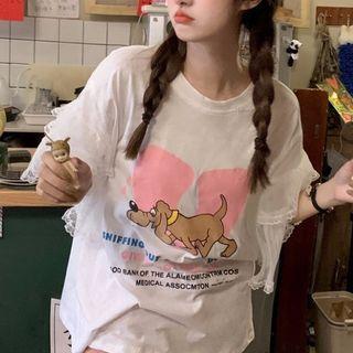 Lace Trim Cartoon Print T-shirt White - One Size