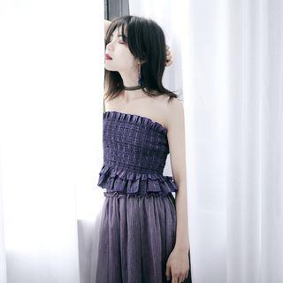 Frill Trim Smocked Tube Top Plaid - Dark Purple - One Size