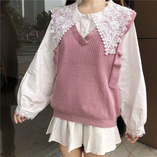 Lace Collar Blouse / V-neck Knit Vest
