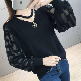 Cutout Mesh-sleeve Knit Top