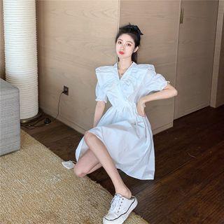 V-neck Plain Ruffle Bow A-line Dress