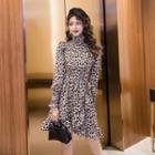 Long-sleeve Leopard Print Turtleneck Mini Dress