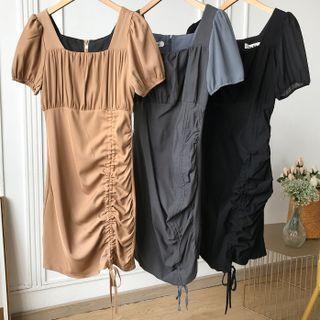 Puff-sleeve Square-neck Plain Drawstring Dress