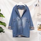 Color Panel Washed Buttoned Denim Trench Coat