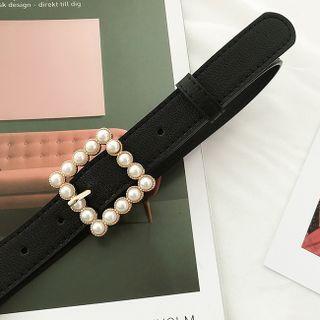Faux Pearl Faux Leather Belt Black - 107cm
