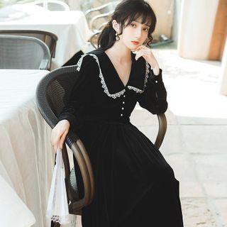 Long-sleeve Lace Trim Velvet Midi A-line Dress