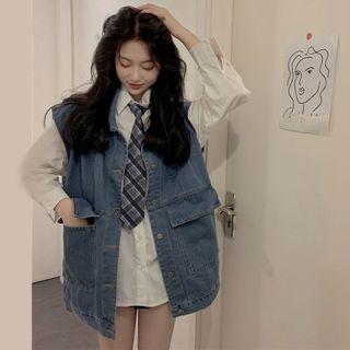 Plain Shirt / Plaid Tie / Pocket Detail Button Denim Vest / Set