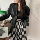 Faux Leather Single-breasted Blazer / Plaid Midi A-line Skirt