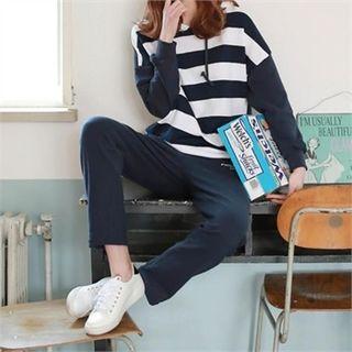 Set: Hooded Color-block Pullover + Band-waist Sweatpants