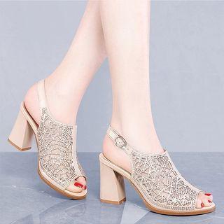 Mesh Panel Cutout Peep Toe Block Heel Sandals