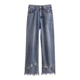 Distressed Trim Mid Rise Wide Leg Jeans