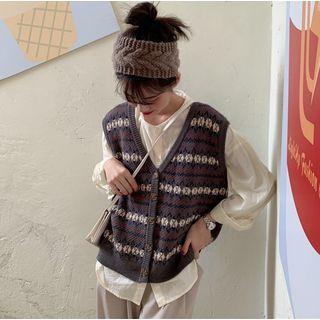 Button-down Ethnic-print Knit Vest